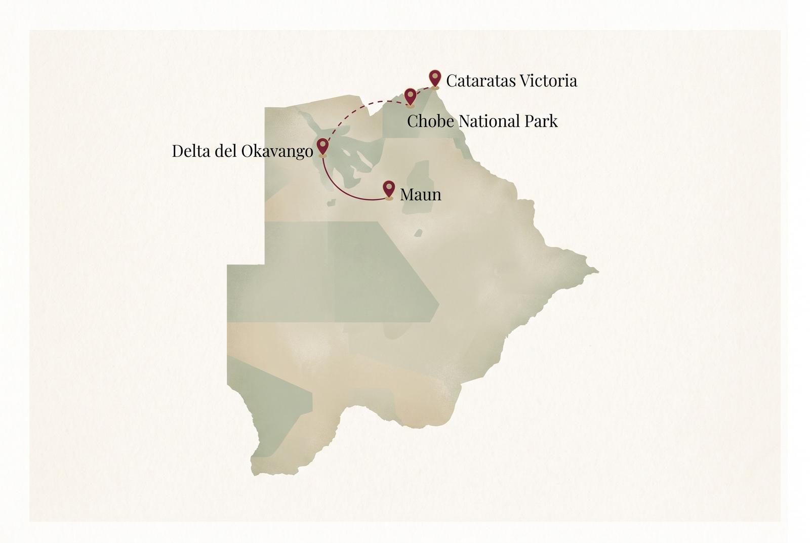 Mapa ilustrado de la ruta de luna de miel por Botsuana: Maun, Delta del Okavango, Chobe y Victoria Falls