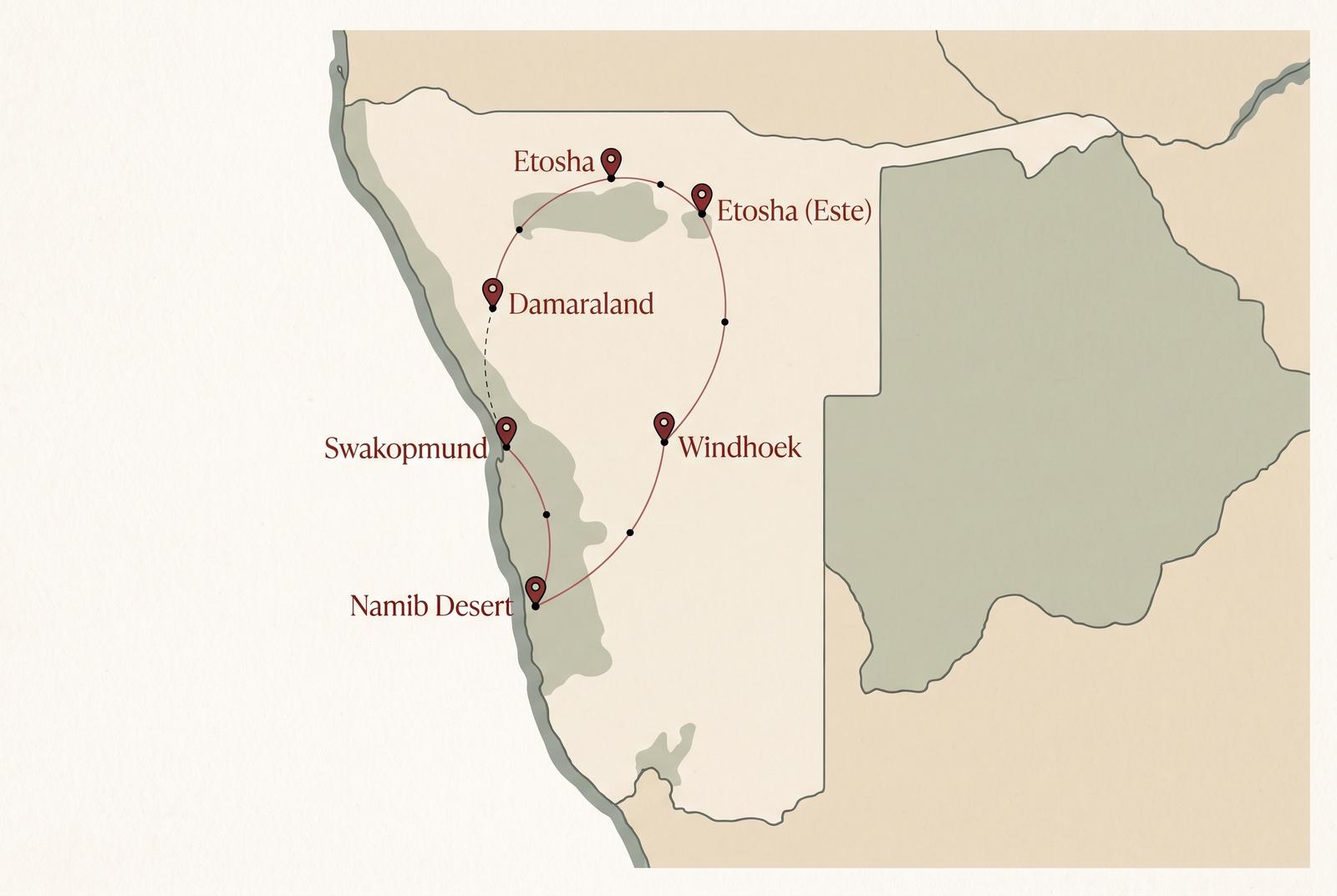 Mapa ilustrado de la ruta por Namibia de Windhoek a Etosha pasando por el Namib y Damaraland