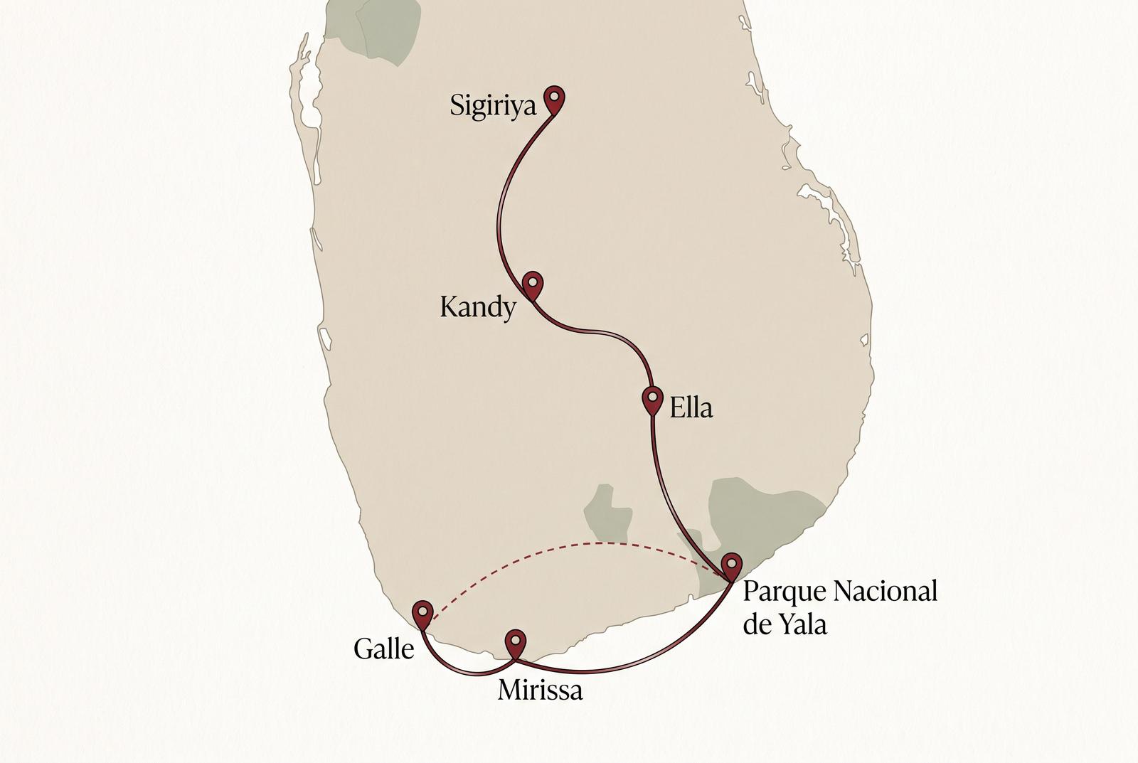 Mapa de la ruta por Sri Lanka: Sigiriya, Kandy, Ella, Parque Nacional de Yala, Galle, Mirissa