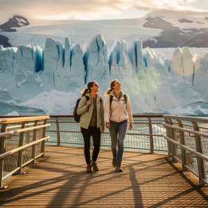 Pareja de turistas ante el glaciar Perito Moreno al organizar un viaje a Argentina