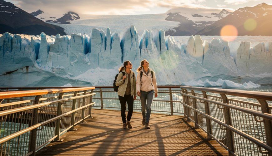 Pareja de turistas ante el glaciar Perito Moreno al organizar un viaje a Argentina