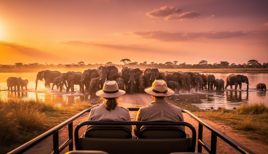 Safaris en África Botsuana el mayor santuario de elefantes: pareja observando elefantes en el río Chobe